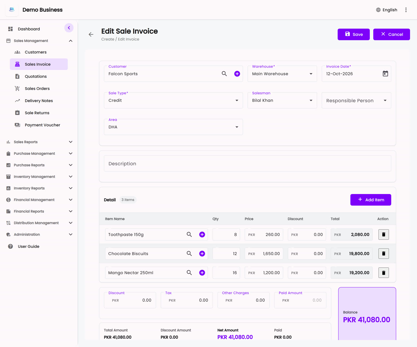 Sales invoice screen with item lines, totals and running balance
