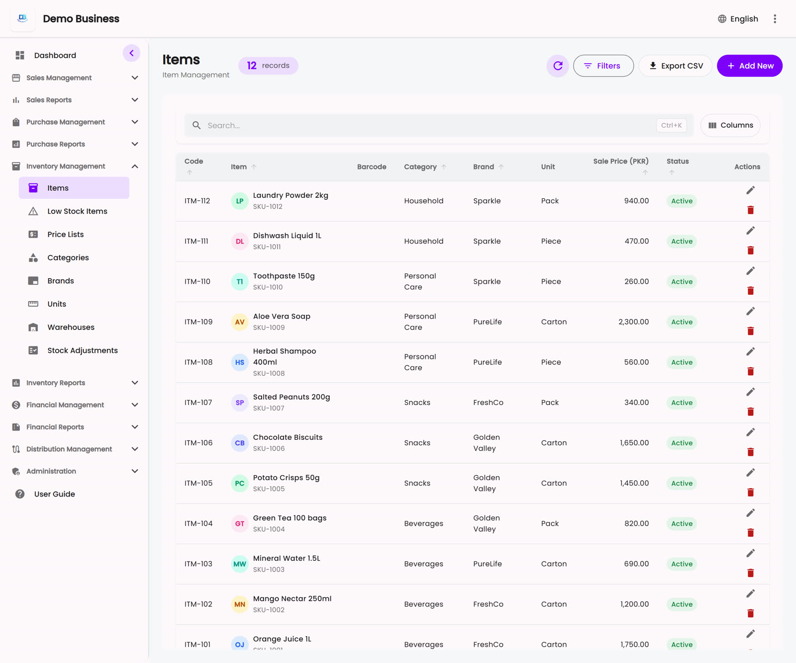 Inventory items list with SKU, category, brand and stock status